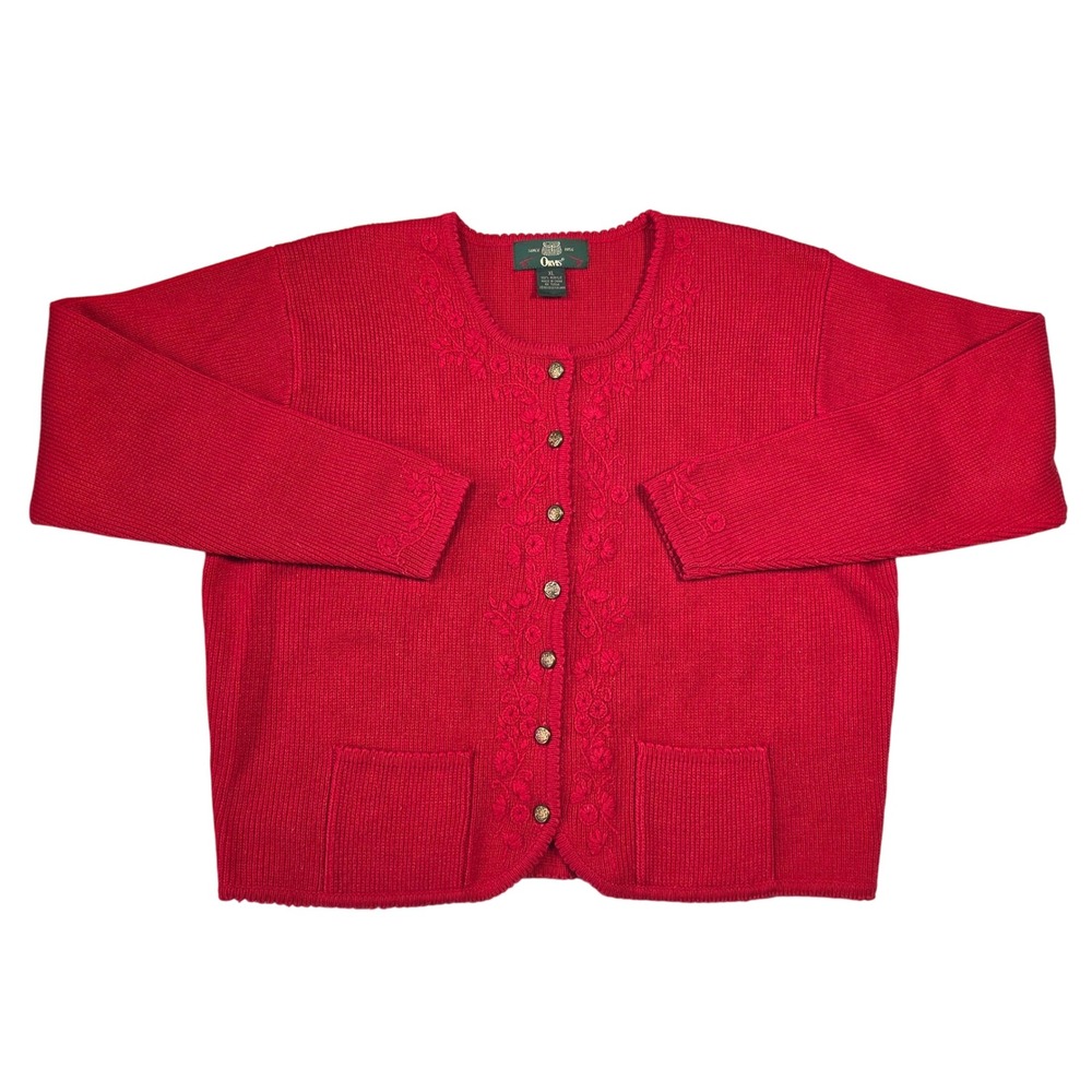 Vtg Orvis Red Embroidered Button Front Cardigan Sweater XL Acrylic Cozy Holiday